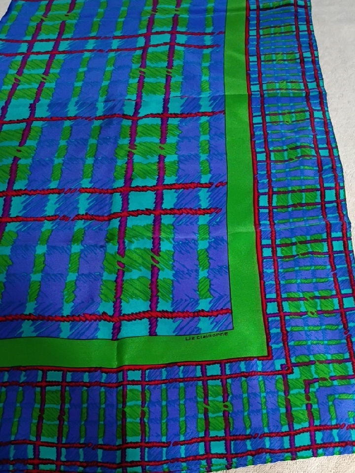 Liz Claiborne Green And Blue Plaid Silk Scarf With Red Accents